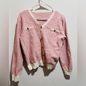 Sandro style knitted cotton sweater in white and pink